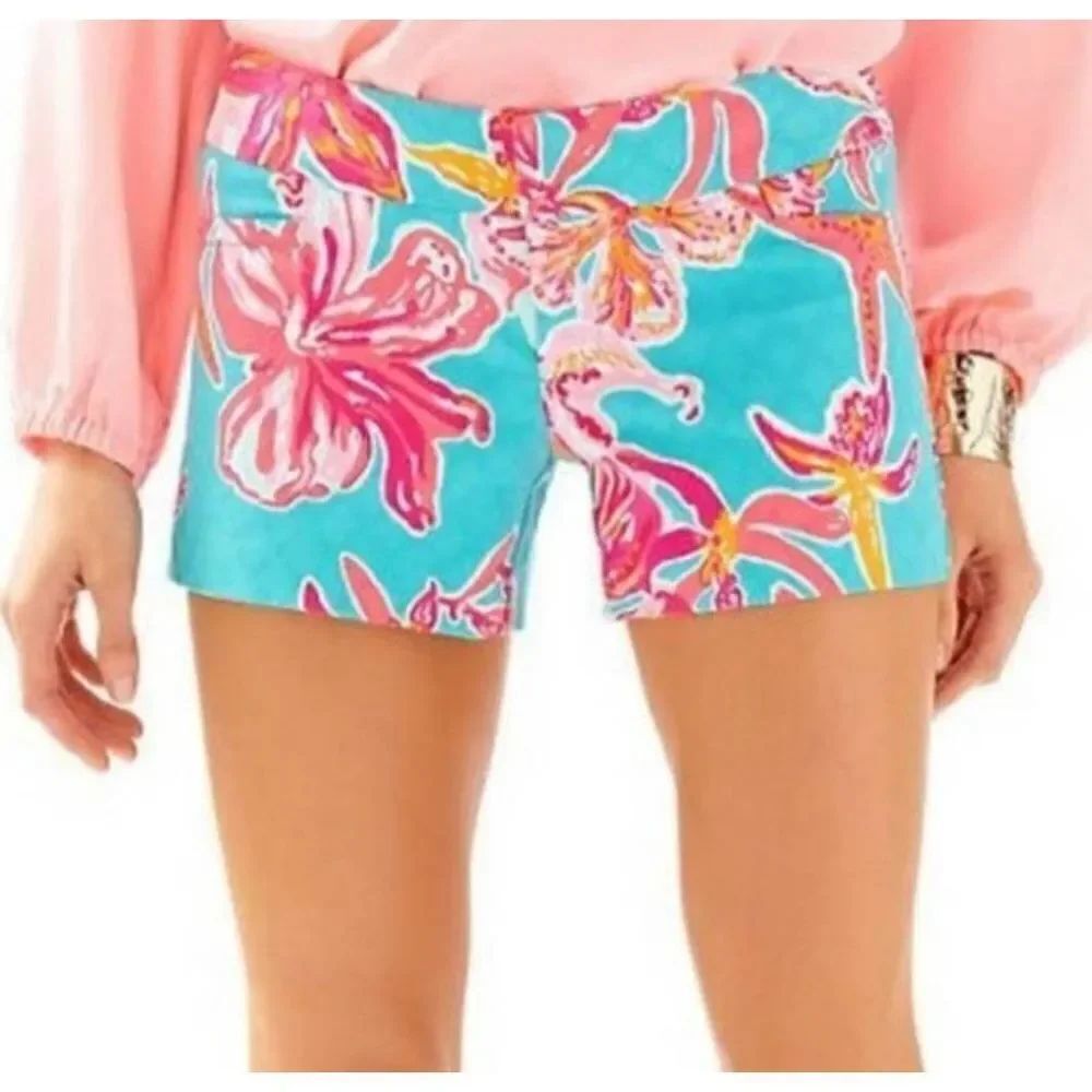 Lilly Pulitzer Ellie Shorts Sea Blue Via Sunny Floral Print sz 0
